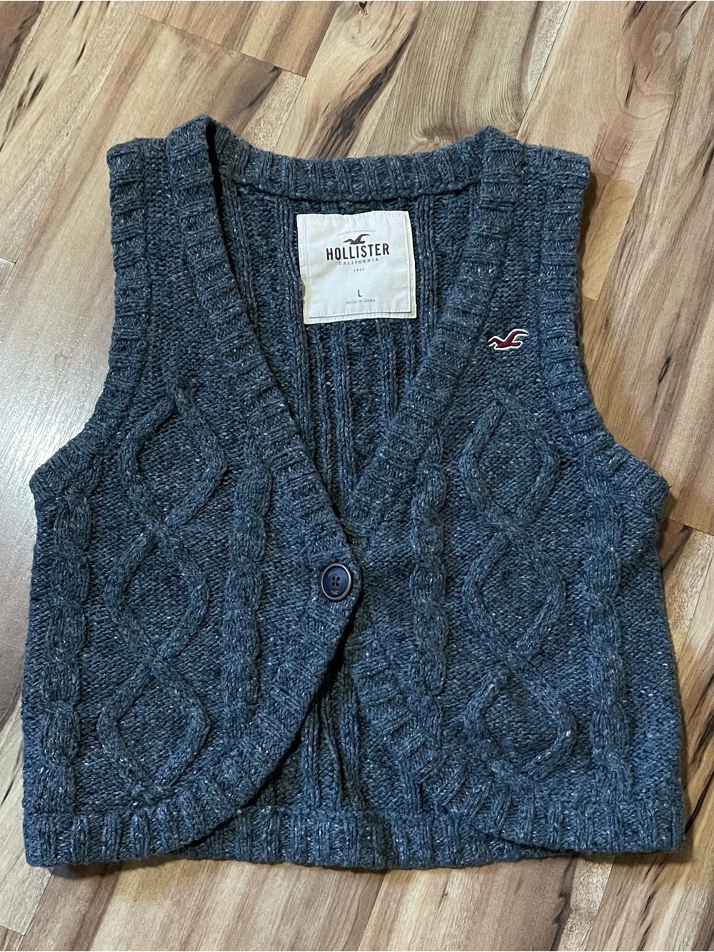 Y2K Hollister Gray Cable Knit Wool Bld Sweater Vest Goblincore Preppy Academia L